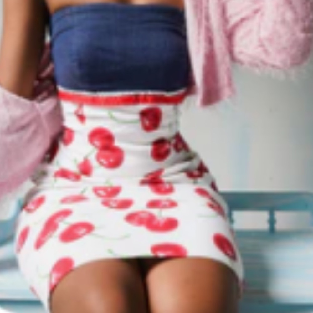 Cherry Print Strapless Dress with Pink Cardigan
